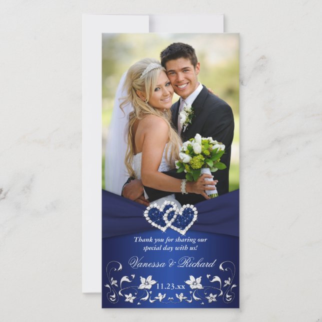 Navyl Blue Silvee Floral Hearts Wedding Photo Card (Front)