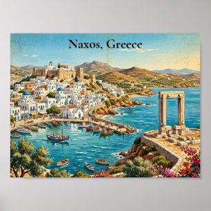 Naxos Greece Retro Vintage Travel Illustration  Poster