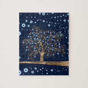 Nazar Charm Tree - Gold on Dark Blue Jigsaw Puzzle