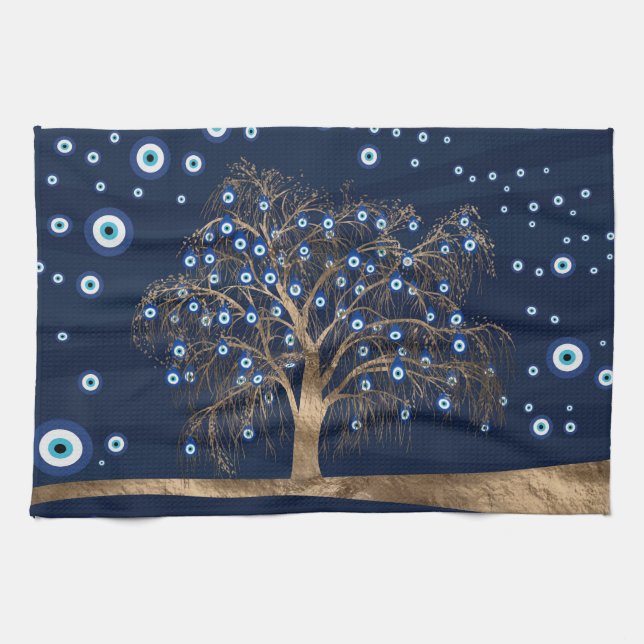Nazar Charm Tree - Gold on Dark Blue Kitchen Towel (Horizontal)