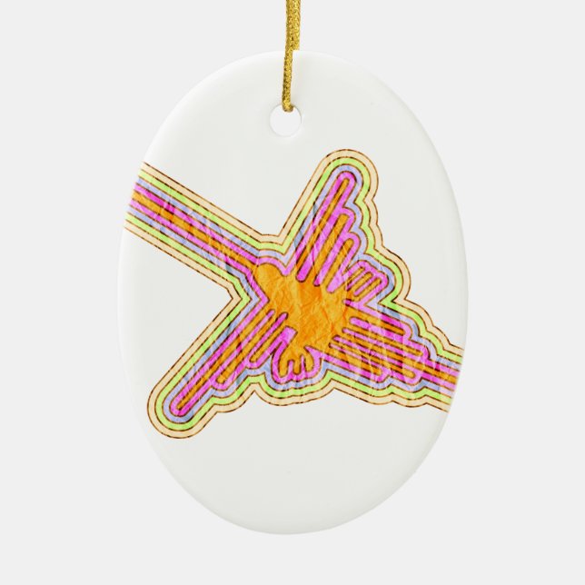 Nazca Lines Hummingbird With Wrinkled Paper Effect Ceramic Ornament (Front)