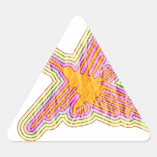 Nazca Lines Hummingbird With Wrinkled Paper Effect Triangle Sticker (Front)