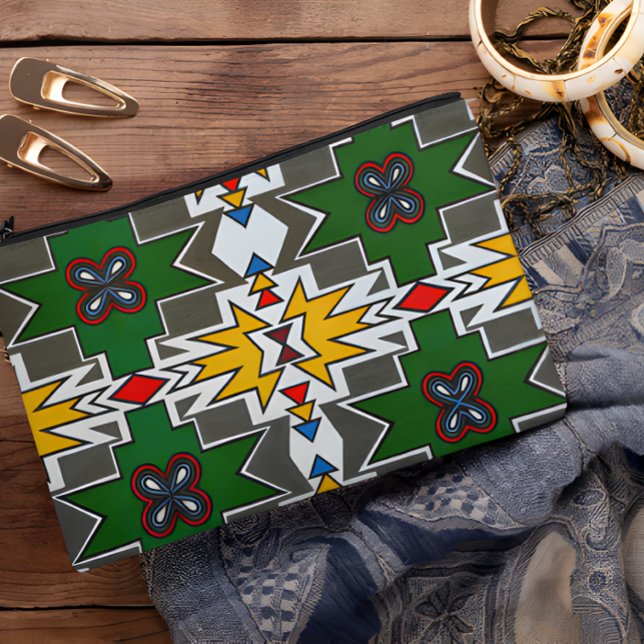 Ndebele Traditional Attire African Tribal Art Chic Accessory Pouch (Ndebele Traditional Attire African Tribal Art Chic Accessory Pouch On Wooden Table)