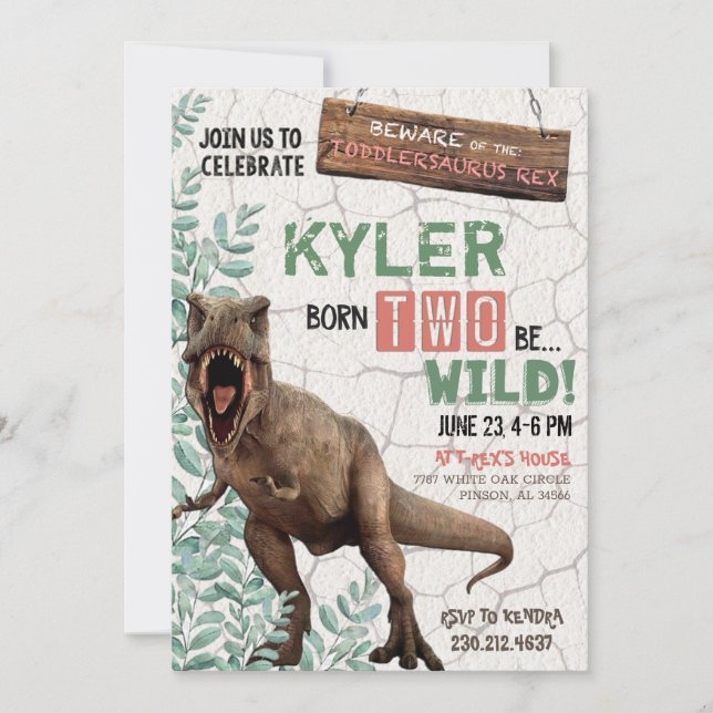 Né DEUX Be Wild Dinosaur Invitation Anniversaire (Devant)