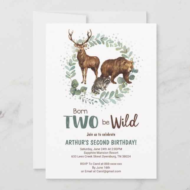 Né Deux Be Wild Woodland Anniversaire Invitation G (Devant)