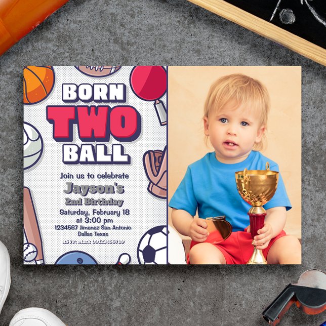 Né Invitation à deux balles avec photo (Born Two Ball Landscape Invitation with Photo Picture)