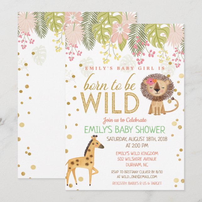 Né pour être sauvage Jungle Baby shower Invitation (Devant / Derrière)