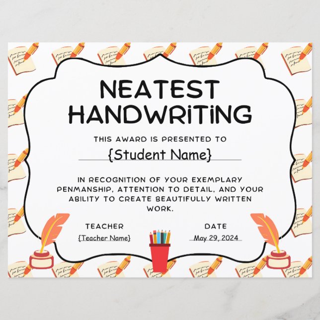 Neatest Handwriting Student Recognition Award (Front)