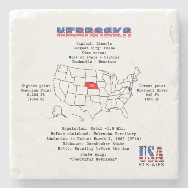 Nebraska American state on a map and useful info Stone Coaster (Front)