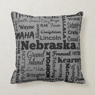 Nebraska cities typography pillow in grey (II)