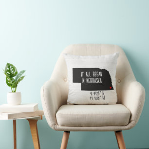 Nebraska GPS Coordinates with Heart Throw Pillow
