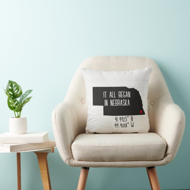 Nebraska GPS Coordinates with Heart Throw Pillow (Chair)