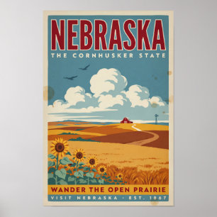 Nebraska Prairie Farm Illustration Travel Art Poster