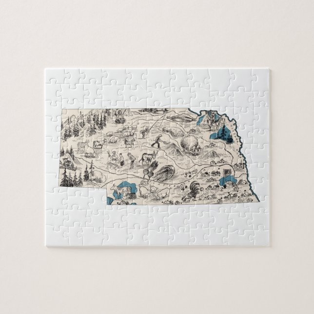 Nebraska Shaped Cornhusker Vintage Picture Map Jigsaw Puzzle (Horizontal)
