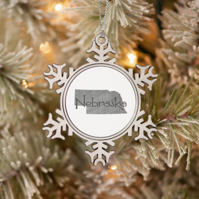 Nebraska Shaped Grey Textured Chalkboard Snowflake Pewter Christmas Ornament (Tree)