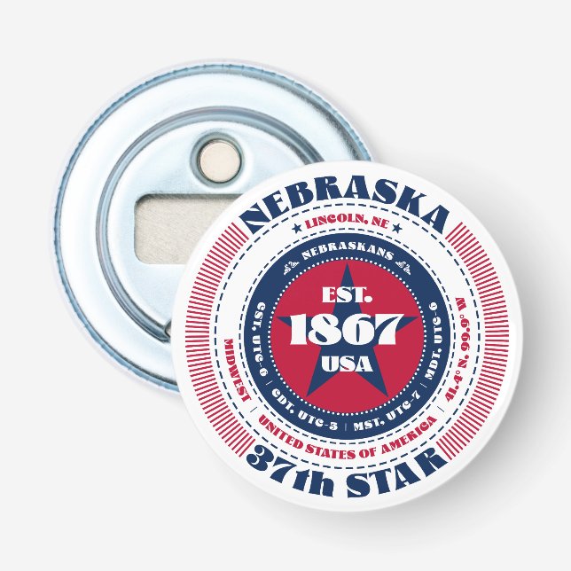 Nebraska State Information Circle Bottle Opener (Front)