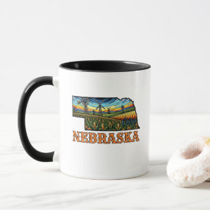 Nebraska Tattoo Style Outline with Cornfields  Mug