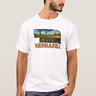 Nebraska Tattoo Style Outline with Cornfields T-Shirt