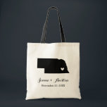 Nebraska Wedding Welcome Tote Bag<br><div class="desc">Welcome out of town wedding guests with a bag full of snacks and treats personalized with the state where you're getting married and the bride and groom's names and wedding date. Click Customize It to move the heart to show any city or location on the state map. Use the design...</div>