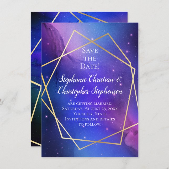 Nebula Celestial Geometric Gold Save the Date Invitation (Front/Back)