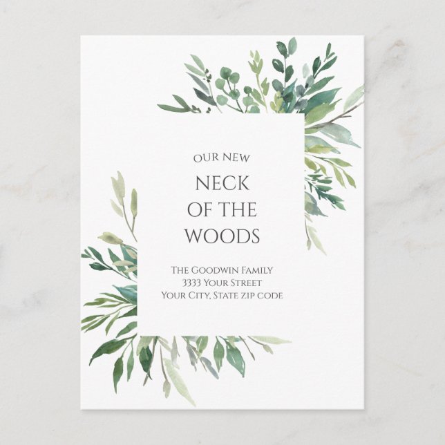 Neck of the Woods Greenery Moving Announcement Postcard (Front)