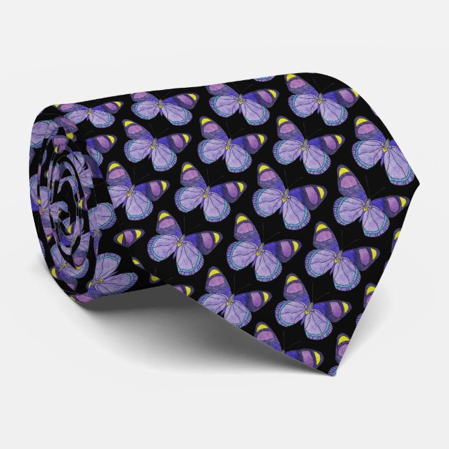 Neck Tie (black) - Purple Butterfly (Rolled)
