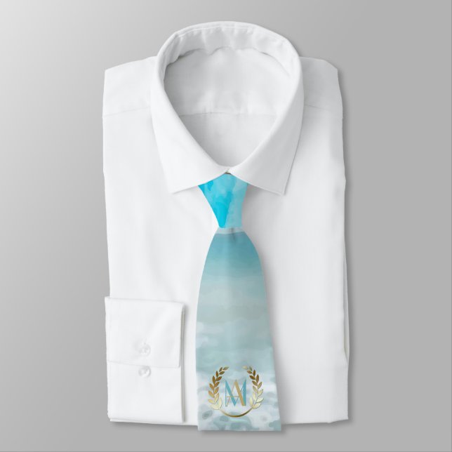 Neck Tie Groom |  Modern Monogram Geometric Beach (Tied)