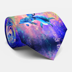 Neck Tie with Happy Dolphin Couple - Painting