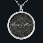 Necklace Black & Silver Roses-Families Are Forever<br><div class="desc">Necklace shown in Silver plated with a Grey multi-rose print over Black background and text of "Families Are Forever 2018" in fancy script of Winter White. Customize this necklace with a special date or/and choose your style or change colours. Or buy as designed.</div>