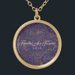 Necklace Purple & Golden Rose-Familes Are Forever<br><div class="desc">Necklace shown in Gold tone with a Golden Taupe multi-rose print over a Violet Purple background and text of "Families Are Forever 2018" in fancy script of Taupe. Customize this necklace with a special date or/and choose your style or change colours. Or buy as designed.</div>