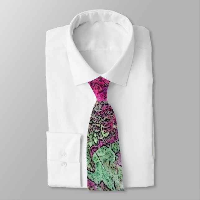 NECKTIE/ ABSTRACT/PLUM, PINK, GREEN AND YELLOW TIE (Tied)
