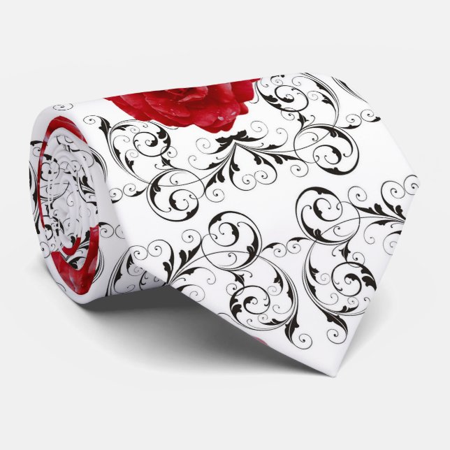 Necktie - Red Roses Black Scrollwork (Rolled)