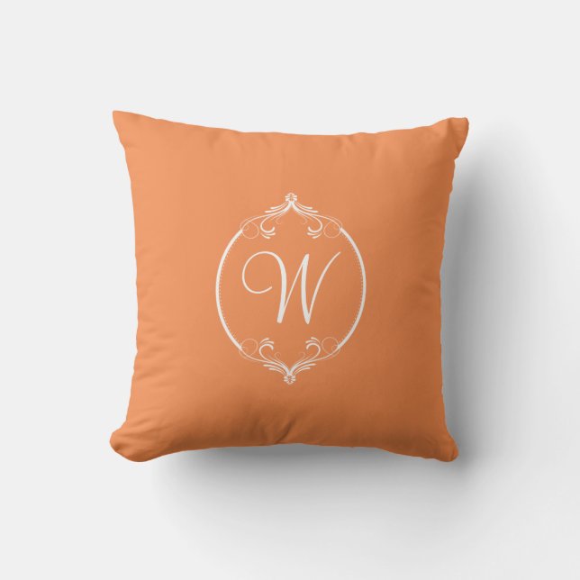 Nectarine Orange and White Ornate Monogram Throw Pillow (Front)