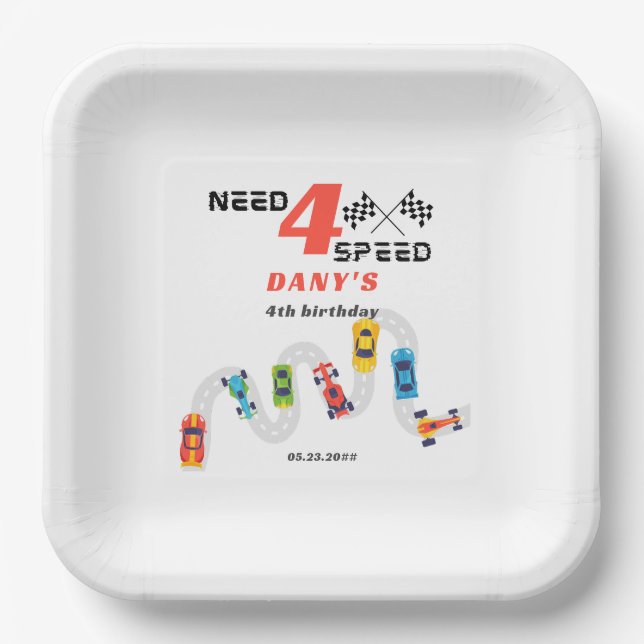 Need 4 Speed Motor Car Racing Boy Fourth Birthday Paper Plate (Front)