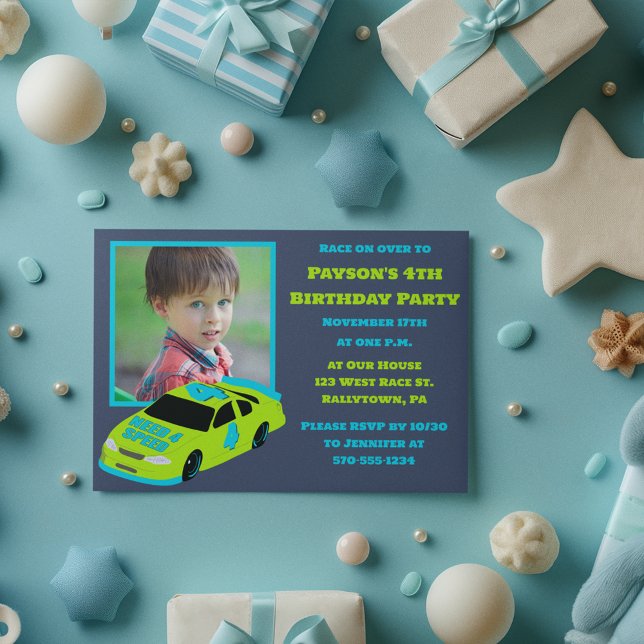 Need 4 Speed Race Car Boys 4th Birthday Photo Invitation (Creator Uploaded)