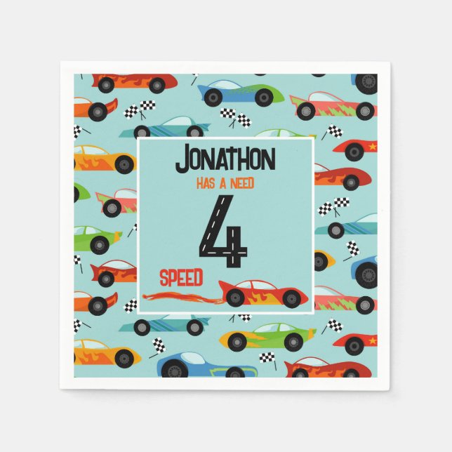 Need 4 speed racecar fourth birthday party napkin (Front)
