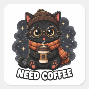 Need Coffee Cute Black Cat Vintage Coffee Lover Square Sticker