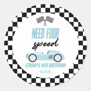 Need Four Speed Blue Race Car 4th Birthday Party Classic Round Sticker