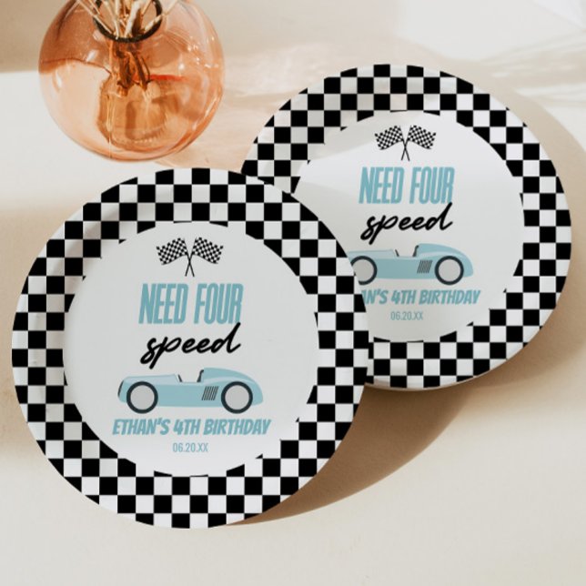 Need Four Speed Blue Race Car 4th Birthday Party Paper Plate (Creator Uploaded)