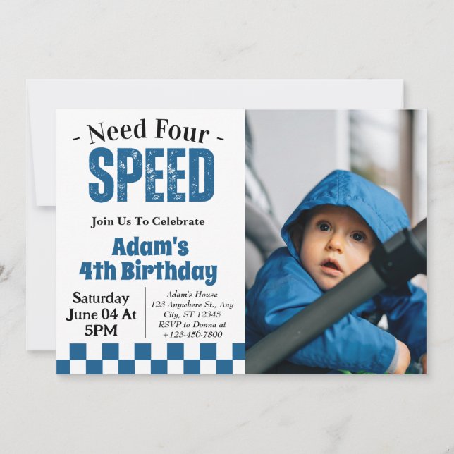 Need Four Speed Boy 4th Birthday Party Photo  Invitation (Front)