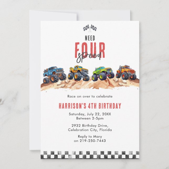 Need Four Speed Monster Truck Boy 4th Birthday Inv Invitation (Front)