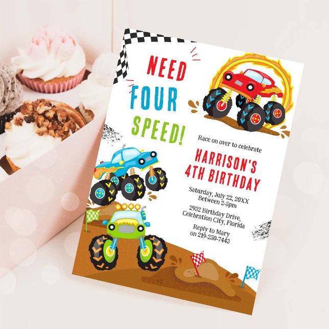 Need Four Speed Monster Truck Boy 4th Birthday Invitation (Creator Uploaded)