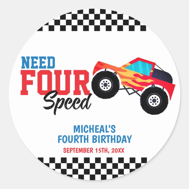 Need Four Speed Monster Truck Fourth Birthday Squa Classic Round Sticker (Front)