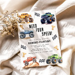Need Four Speed Monster Trucks 4th Birthday Party Invitation<br><div class="desc">Attention all little party animals! Get ready to rev up the fun with our Need Four Speed!4th Birthday Kids Monster Car Trucks Invitation. Adorned with adorable and vibrant monster car trucks, this modern typography script invites you to join in on the celebration. Let's roar into the fourth year of life...</div>