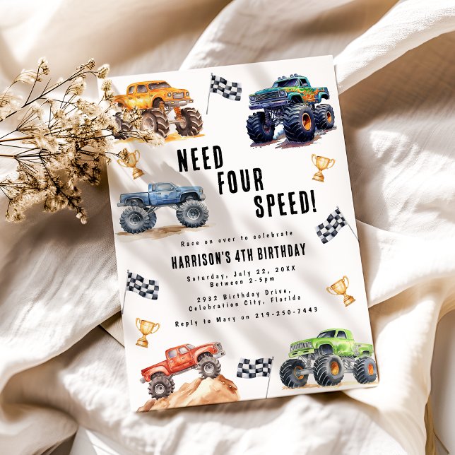 Need Four Speed Monster Trucks 4th Birthday Party Invitation (Creator Uploaded)