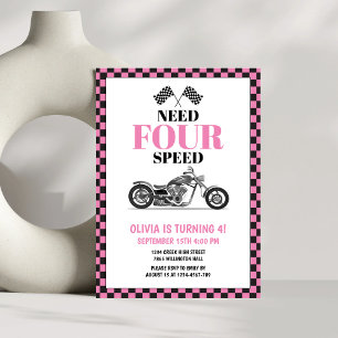 Need Four Speed Pink Heavy Bike Fourth Birthday  Invitation
