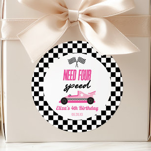 Need Four Speed Pink Race Car 4th Birthday Party Classic Round Sticker