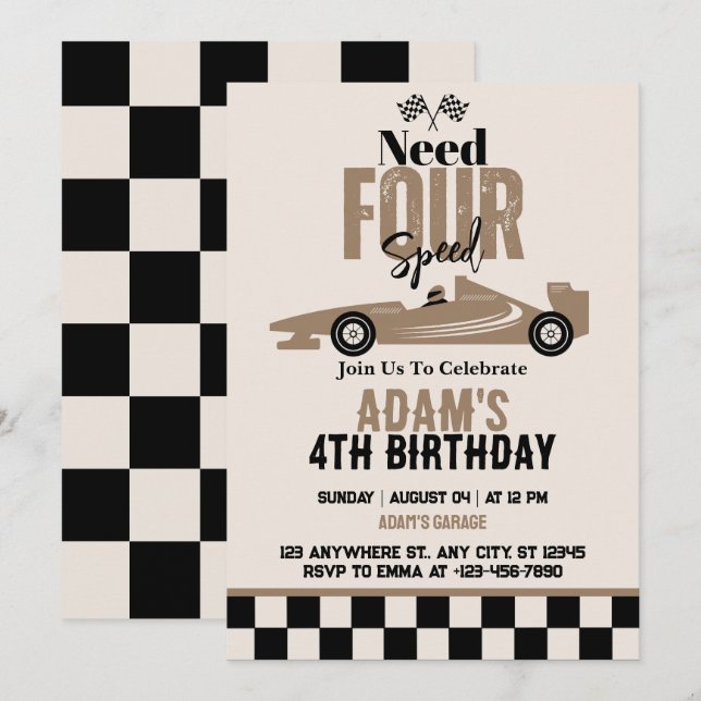 Need Four Speed Race Car Boy 4th Birthday Party  Invitation (Front/Back)