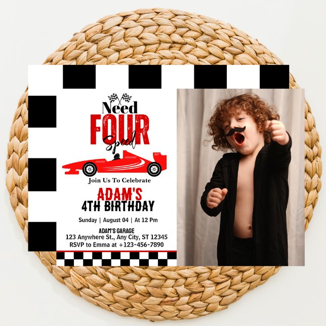 Need Four Speed Race Car Boy 4th Birthday Photo Invitation (Creator Uploaded)