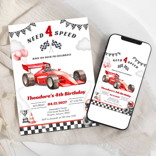 Need Four Speed Racing Car Boy 4th Birthday Invitation (Creator Uploaded)